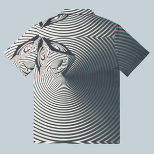 Futuristic Minimalist Button Up Shirt, Trippy Monochrome Button Down, Statement Festival Top, Hypnotic 3D Art Rave Outfit, Edgy Streetwear