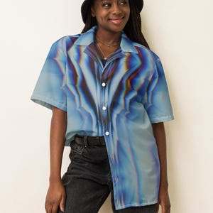 Pastel Holographic Button Up Shirt, Original Rave Outfit, Gradient Aura Button Down Shirt, EDM Festival Top, Wedding Guest Partywear Blouse