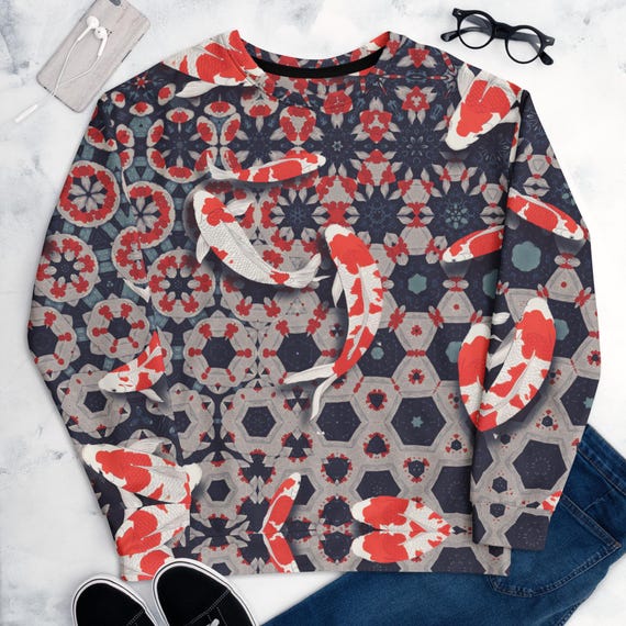 Koi Fish All Over Print Sweatshirt – Japanese Aesthetic Pullover – Sacred Geometry Sweater – Soft Red & Blue Unisex Streetwear