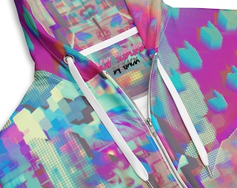 Neon Pink Cyber Zip Up Hoodie All Over Print Urban Streetwear Sweatshirt Rave Cyberpunk Clothing Hip Hop Loose Hoodies