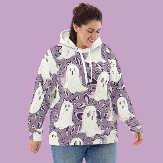 Trippy Cute Ghost Hoodie Retro Halloween Sweatshirt Psychedelic Spooky Shirt Warm Comfy Fall Streetwear Clothes Funky Oversize Top