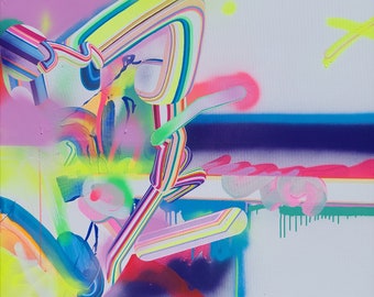 Puede incluir: Pintura abstracta con colores vibrantes y formas geométricas. La pintura presenta una mezcla de rosa, azul, verde, amarillo y blanco. Las formas están superpuestas y se superponen, creando una sensación de profundidad y movimiento.