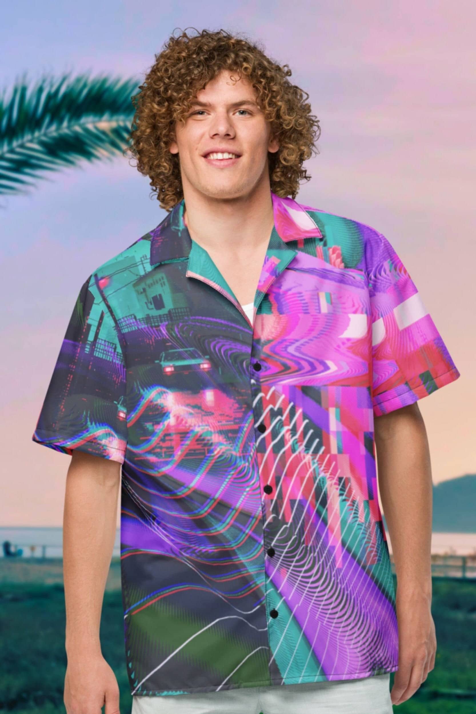 Neon Hawaiian Shirt Cyberpunk Button up Shirt Retro Futurism