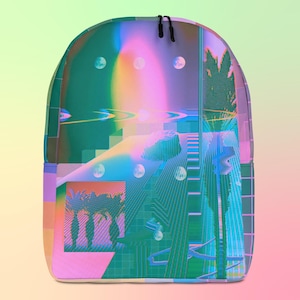 May include: A green, blue, and pink backpack with a geometric pattern and a holographic effect. The pattern includes palm trees, moons, and a staircase.