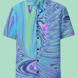 Blue Swirl Button Up Shirt, Trippy Psychedelic Festival Top, Y2K Holographic Button Down, Pastel Neon Rave Outfit, Liquid Marble Blouse