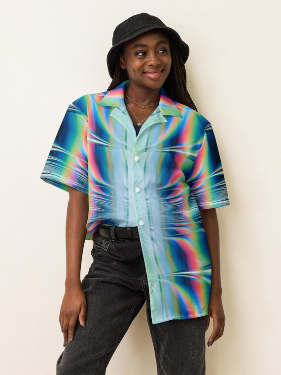 holographic dress shirt Pastel Iridescent Holographic Glitter Stars Galaxy Men's Casual Long Sleeve  Button Down Pocket Shirt