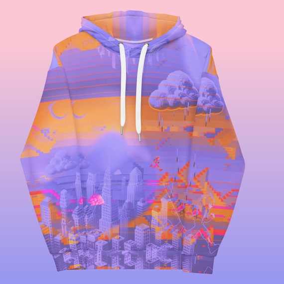 Pastel Purple Orange Cyber Hoodie Vaporwave Arcade Sweatshirt Retro Gamer Hoodie Gift Eco Friendly Activewear Pixel Art Hoodie