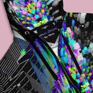 Trippy Black Techwear Hoodie Cyberpunk Full Zip Up Hoodie Bold Graphic Streetwear All Over Print Rave Glitch Art Hoodie Warm EDM Outfit