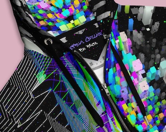 Trippy Black Techwear Hoodie Cyberpunk Full Zip Up Hoodie Bold Graphic Streetwear All Over Print Rave Glitch Art Hoodie Warm EDM Outfit