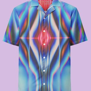 Pastel Blue Neon Rave Button Up Shirt, Iridescent Techno Button Down, Y2K EDM Festival Clothes, Partywear Boho Blouse, Cyberpunk Glitch Top