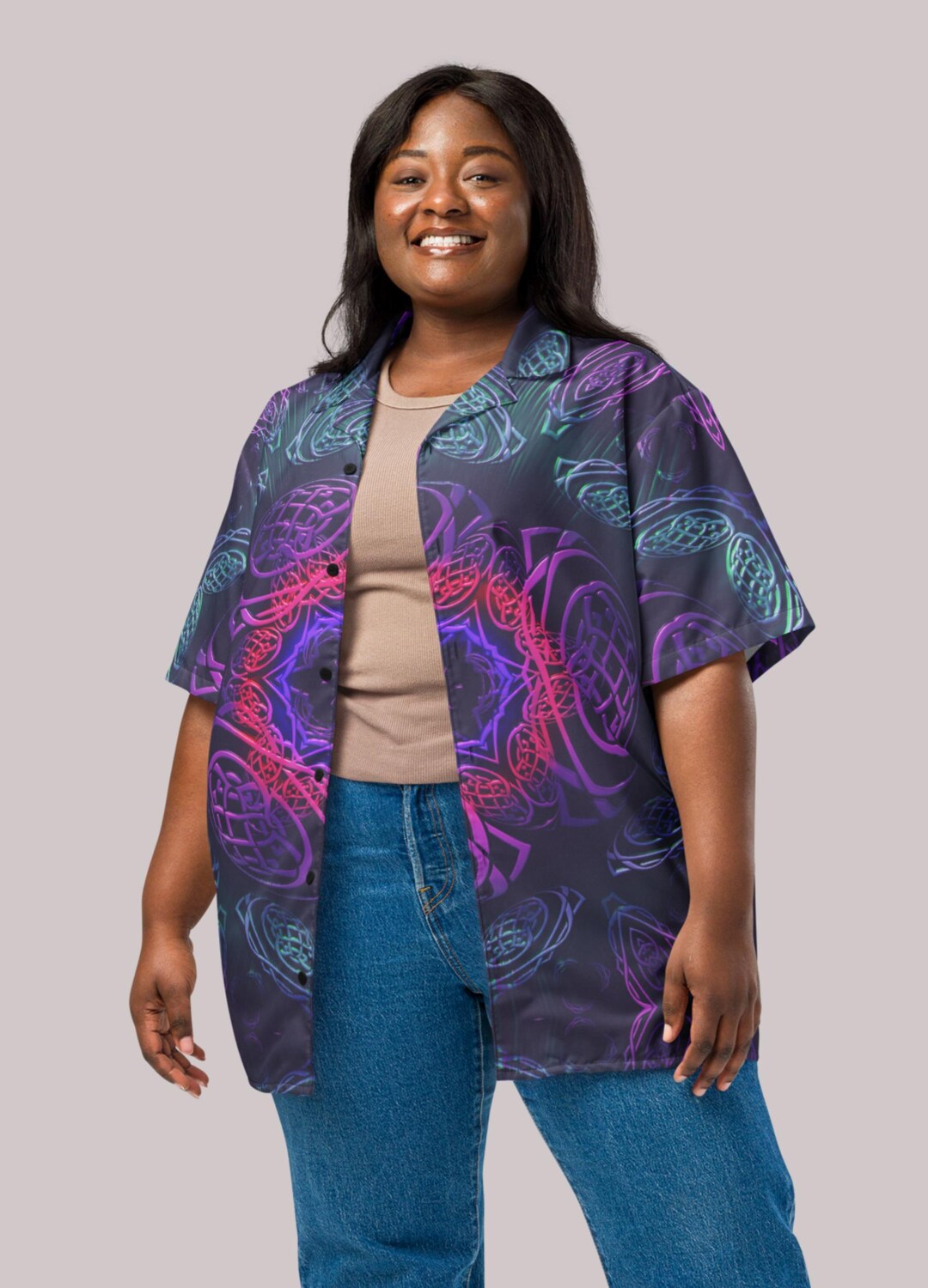 Neon Sacred Geometry Hawaiian Shirt, Techno EDM Party Outfit, Dark