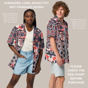 May include: Two people wearing oversized patterned shirts with a red, white, and blue geometric design. The image text reads "OVERSIZED, LONG, BAGGY FIT! NOT STANDARD SIZING!" and "PLEASE CHECK THE SIZE CHART BEFORE PURCHASE."
