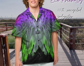 AmzPrint Men's Oversized Tie Dye Hawaiian Shirt - Blue Purple Streetwear Short Sleeve Button Down, Slim Fit
