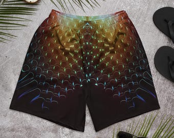 Dark Iridescent Rave Shorts, Futuristic Festival Swim Trunks, Cyberpunk Techwear Bottoms, Eco Friendly EDM Activewear