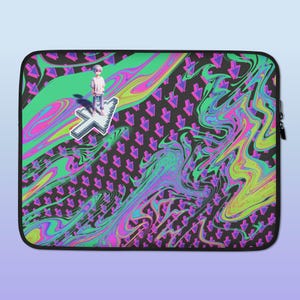 May include: A laptop sleeve with a black background and a colorful, abstract design. The design features swirls of green, blue, pink, and yellow. There are also small purple arrows pointing downwards throughout the design. A pixelated figure stands on a pixelated arrow pointing upwards.