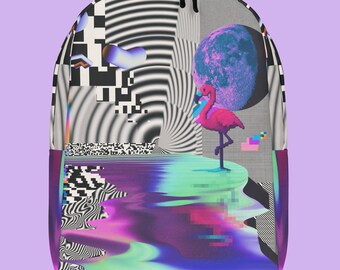 Glitchcore Flamingo Backpack, Vaporwave Aesthetic Bag, Cyberpunk School Backpack, Trippy Art Laptop Bag, Gift for Student