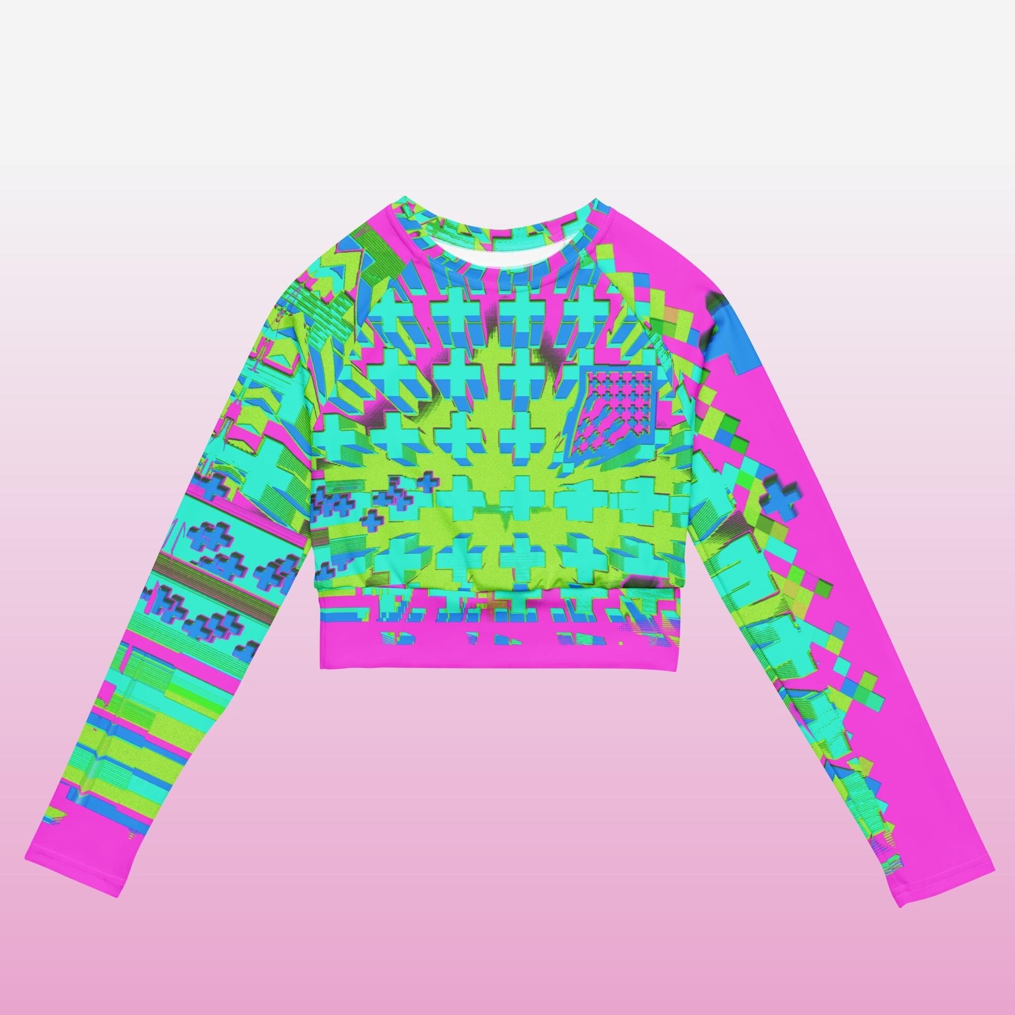 Neon Abstract Long Sleeve Crop Top Shirt Rave Beach Surf