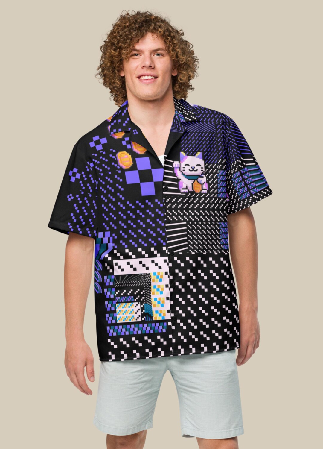 Lucky Rave Lucky Cat Pixel Rave Shirt, Maneki-neko Retro Gamer Button-up, Y2K ...
