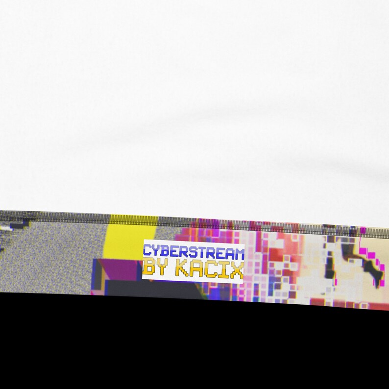 K&ouml;nnte beinhalten: Ein wei&szlig;er Hintergrund mit einem bunten, pixeligen Design am unteren Rand. Das Design enth&auml;lt den Text "CYBERSTREAM BY KACIX" in einem wei&szlig;en Kasten mit blauem Rahmen.