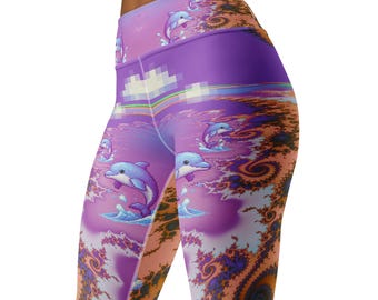 Pastel Dolphin Yoga Leggings, Psychedelic Clothes, Vaporwave High Waist Festival Tights