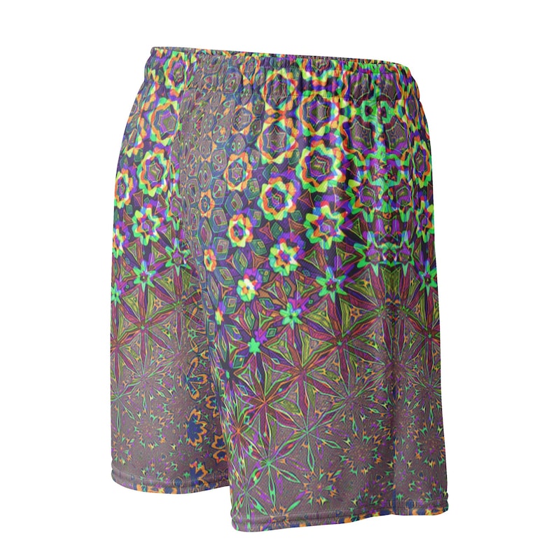 Unisex Rave Festival Mesh Shorts, Sacred Geometry EDC Outfit, Neon Techno Shorts