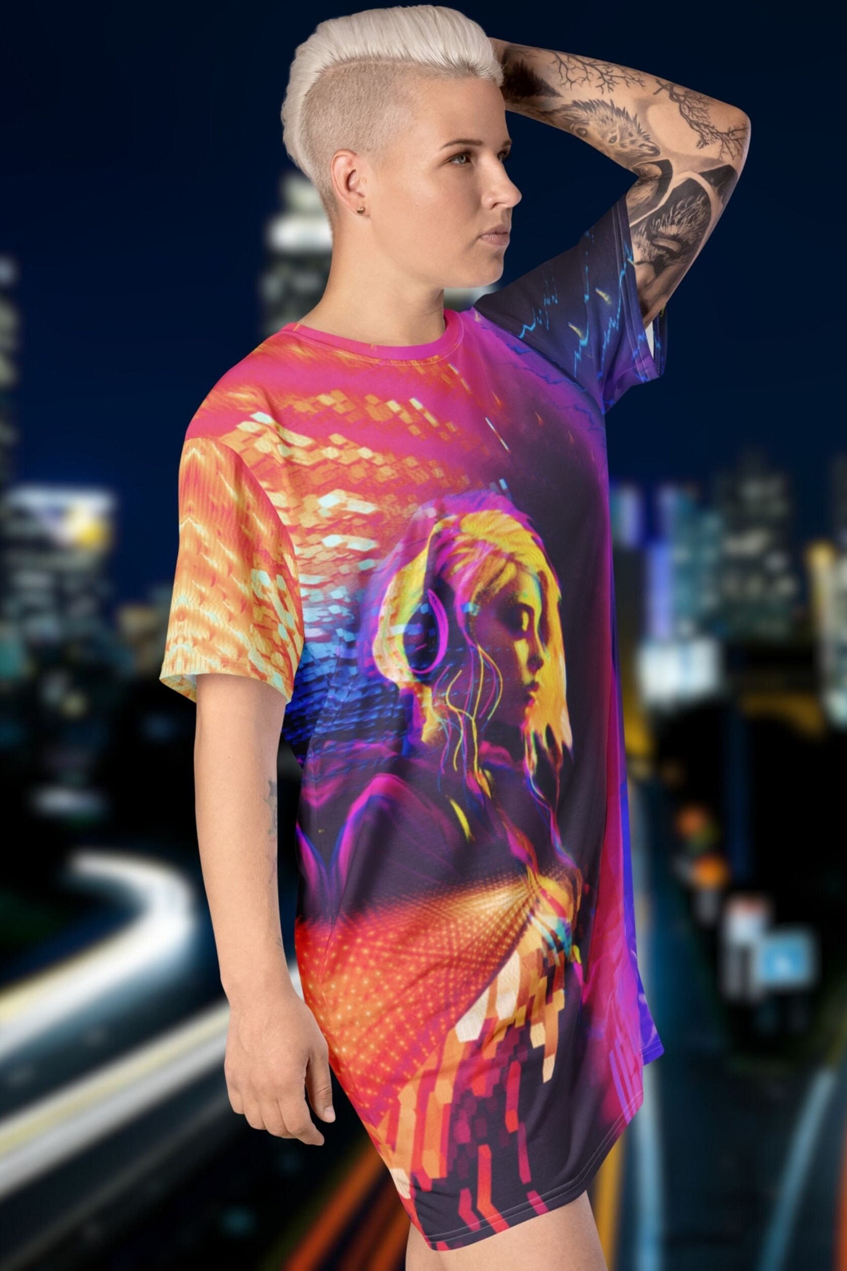 Neon Loose Fit Tshirt Dress Oversized Rave Party Dress Hip Neon Loose Fit Tshirt Dress Oversized Rave Party Dress Hip