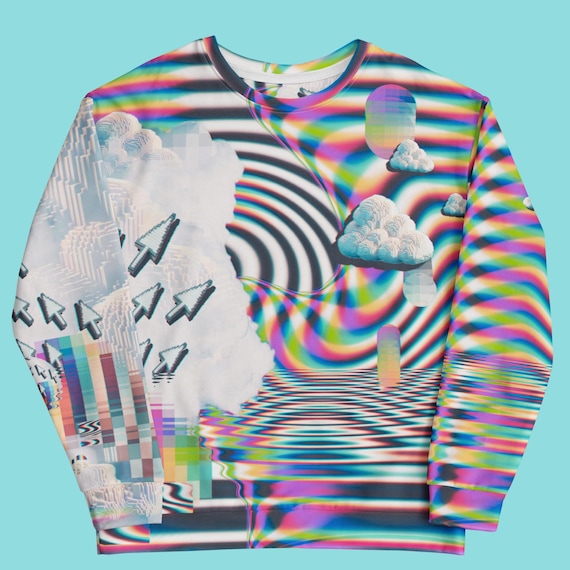 Retro Glitch Statement Sweatshirt, Trippy Vaporwave Festival Pullover, Frutiger Aero Shirt, 90s Computer Graphic Sweater