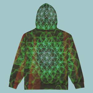 Sacred Geometry Zip Up Hoodie, Green Flower of Life Festival Jacket, Psytrance Rave Streetwear, Spiritual EDM Hoodie