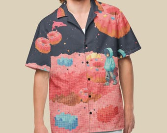 Vaporwave Donut Pixel Button-Up, Pink Dolphin Retro Hawaiian Top, Kawaii Gamer Rave Shirt