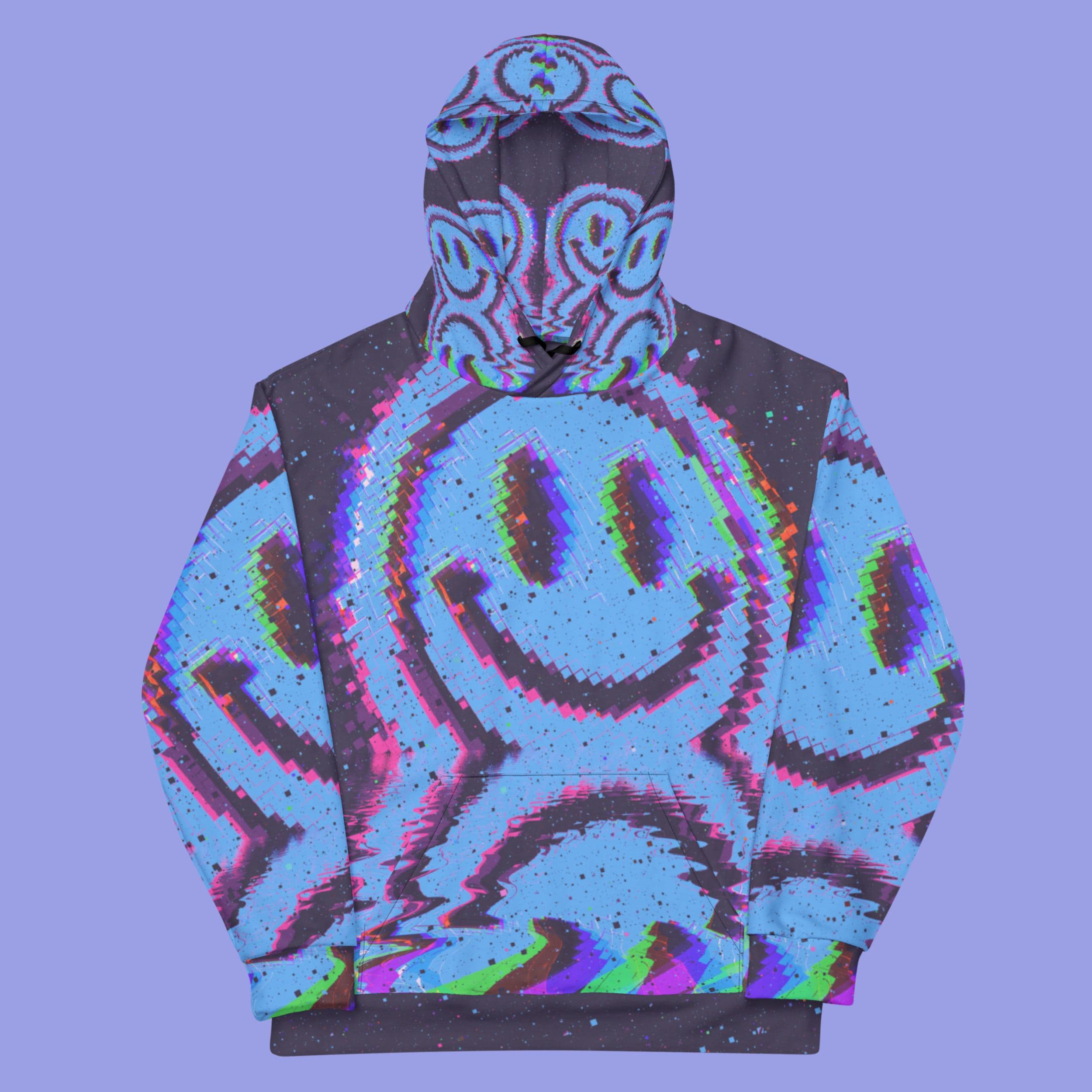 Trippy Smiley Face Hoodie Glitch Pixel Art Shirt Neon Cyberpunk