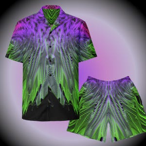May include: A black button-up shirt and matching shorts with a green and purple abstract pattern.