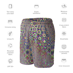 Unisex Rave Festival Mesh Shorts, Sacred Geometry EDC Outfit, Neon Techno Shorts