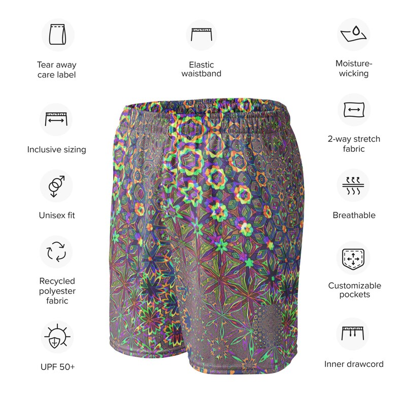 Unisex Rave Festival Mesh Shorts, Sacred Geometry EDC Outfit, Neon Techno Shorts