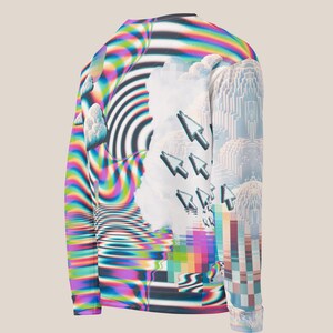 May include: A long-sleeved shirt with a psychedelic print featuring a rainbow swirl, clouds, pixelated arrows, and a digital glitch effect.