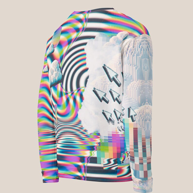 May include: A long-sleeved shirt with a psychedelic print featuring a rainbow swirl, clouds, pixelated arrows, and a digital glitch effect.