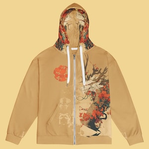 Gold Dragon Hoodie Full Zip Up Japanese Hoodie Sakura Sweatshirt Anime Mythic Shirt Warm Cozy Clothes Oversized Manga Dragon Hoodie