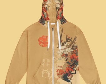 Gold Dragon Hoodie Full Zip Up Japanese Hoodie Sakura Sweatshirt Anime Mythic Shirt Warm Cozy Clothes Oversized Manga Dragon Hoodie
