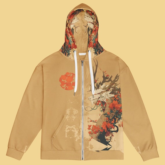 Gold Dragon Hoodie Full Zip up Japanese Hoodie Sakura Sweatshirt
