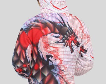Cyberpunk Dragon Hoodie, Japanese Techno Streetwear, Edgy Red Black Aesthetic Sweatshirt, Statement Techwear Hoodie, Rave EDM Clothes