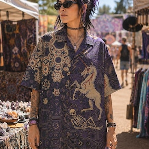 Medieval Unicorn Skeleton Button Down Shirt: Gothic Halloween Dark Academia, Oversized Button Up
