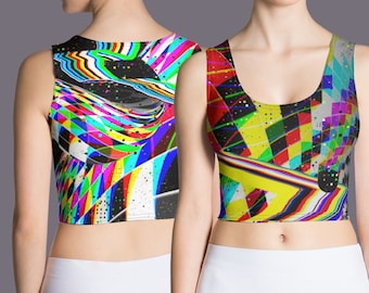 Sleeveless Activewear Plus Size Crop Top, Cyber Dance Rave Music Festival Crop Top, Pixel Art Trippy Festival Clothes