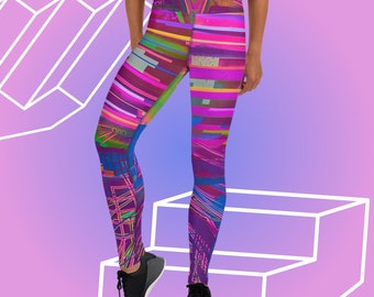 Vaporwave Purple High Waist Yoga Leggings Gift For Her, Colorful Printed Funky Psychedelic Leggings, Music Festival Rave Outfit
