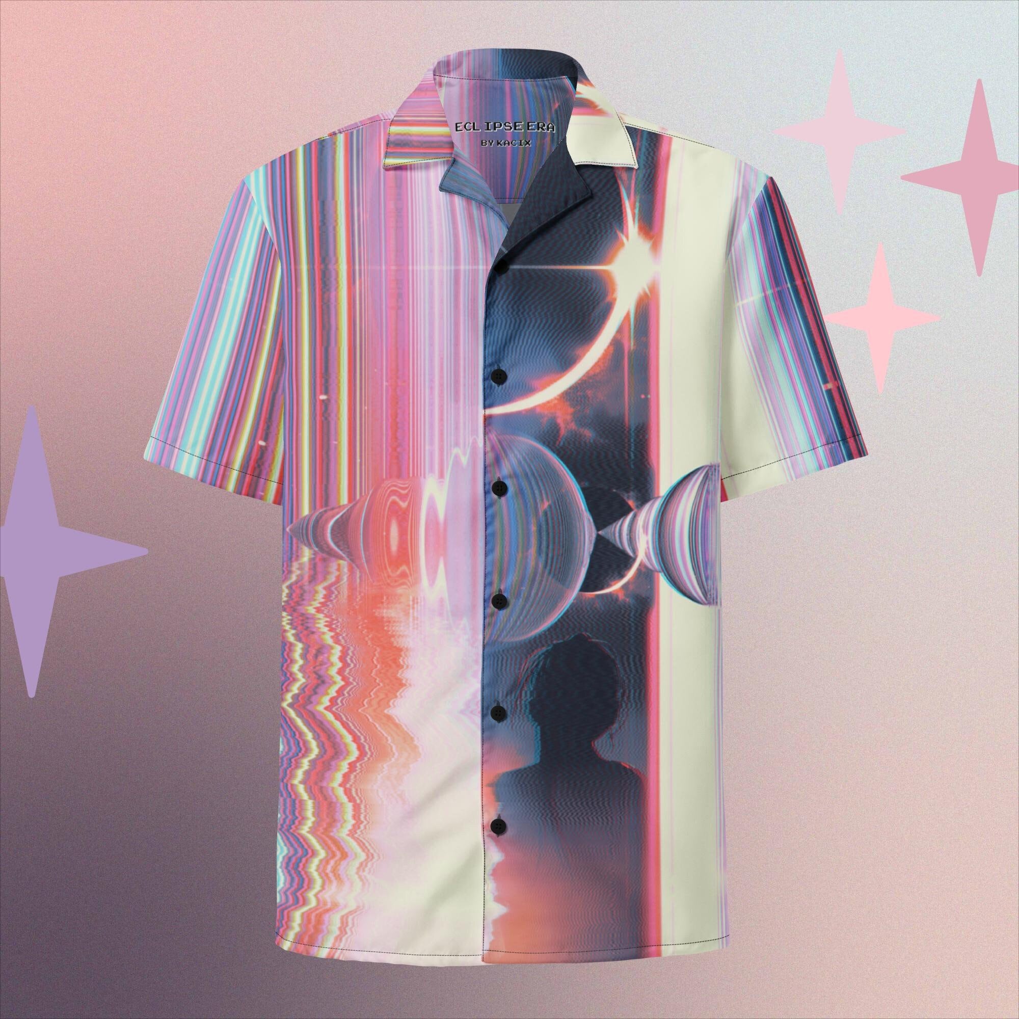 Synthwave Button Up Shirt Futuristic Eclipse Tee Cyberpunk Button Down Shirt EDM Music Festival Clothing, image size:2000x2000