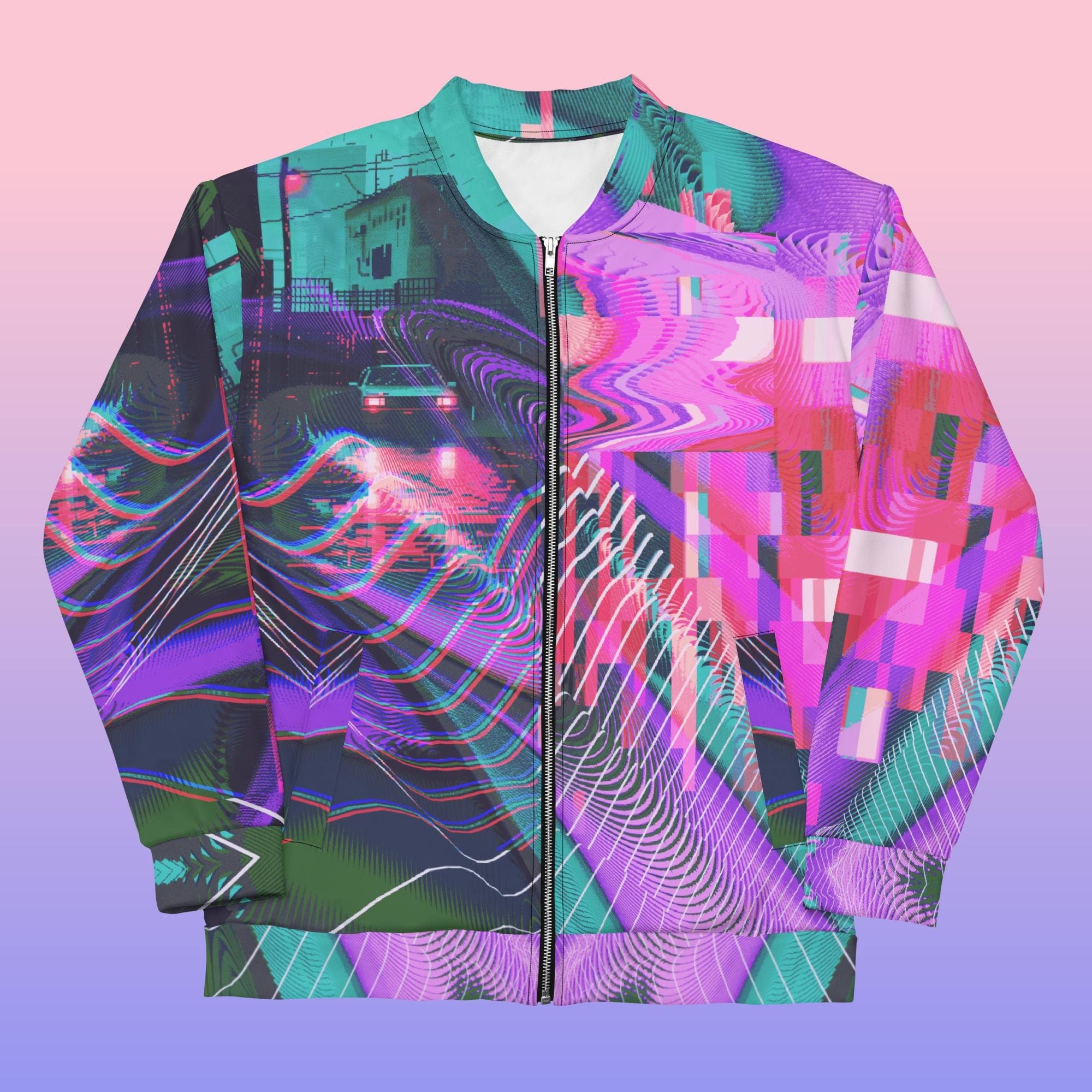 Retro Pixel Art Bomber Jacket Neon Printed Rave Jacket Urban