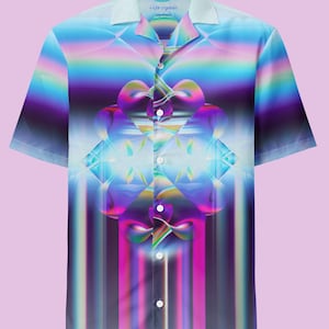 May include: Short-sleeved button-down shirt with a vibrant, abstract design. The shirt features a gradient of colors, including blue, purple, and pink, with a central geometric pattern. The text "Light Crystals" is visible on the collar.