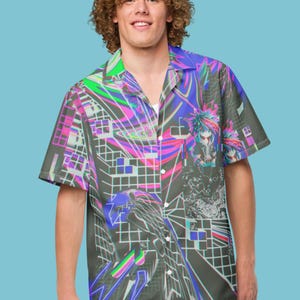 May include: A short-sleeved button-up shirt with a colorful, abstract print featuring geometric shapes, a bird, and a figure. The shirt has a relaxed fit and a collar.