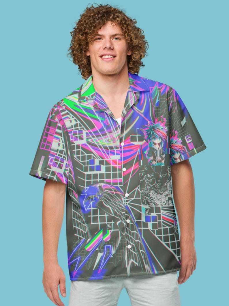 May include: A short-sleeved button-up shirt with a colorful, abstract print featuring geometric shapes, a bird, and a figure. The shirt has a relaxed fit and a collar.