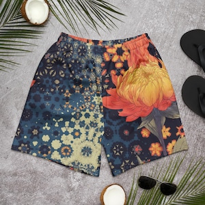 Dystopian Sacred Geometry Shorts, Trippy Burning Flower Shorts, Floral Boho Beach Trunks, Rave All Over Print Unisex Athletic Long Shorts