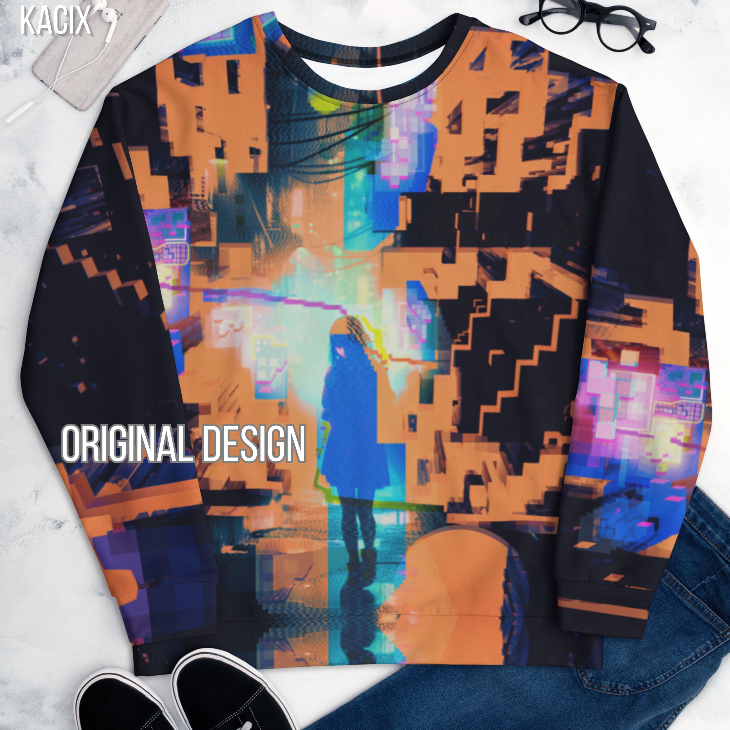 All Over Print Cyberpunk Sweatshirt, Soft Crewneck All Over Print Cyberpunk Sweatshirt, Soft Crewneck