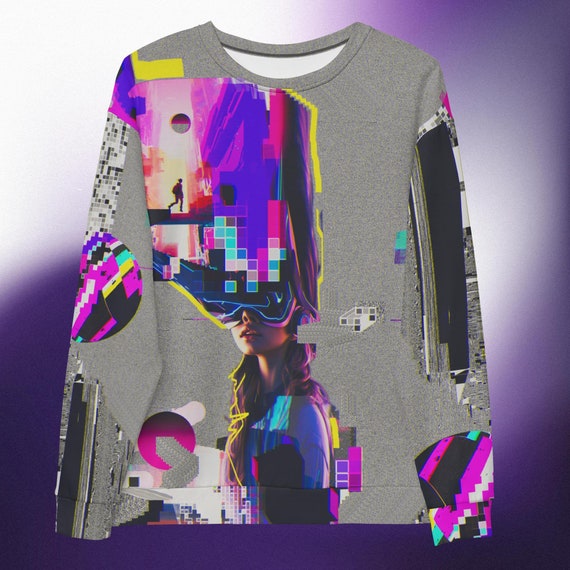 Urban Streetwear Graphic Crewneck, Gift For Gamer Girl Sweatshirt, All Over Print Vaporwave Cyberpunk Clothing